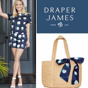 Draper James Straw Bag with Navy/White Magnolia Scarf NWOT
